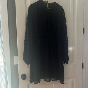 Black SHEIN Curve dress, long sleeve with sheer sleeves, raised dot pattern.